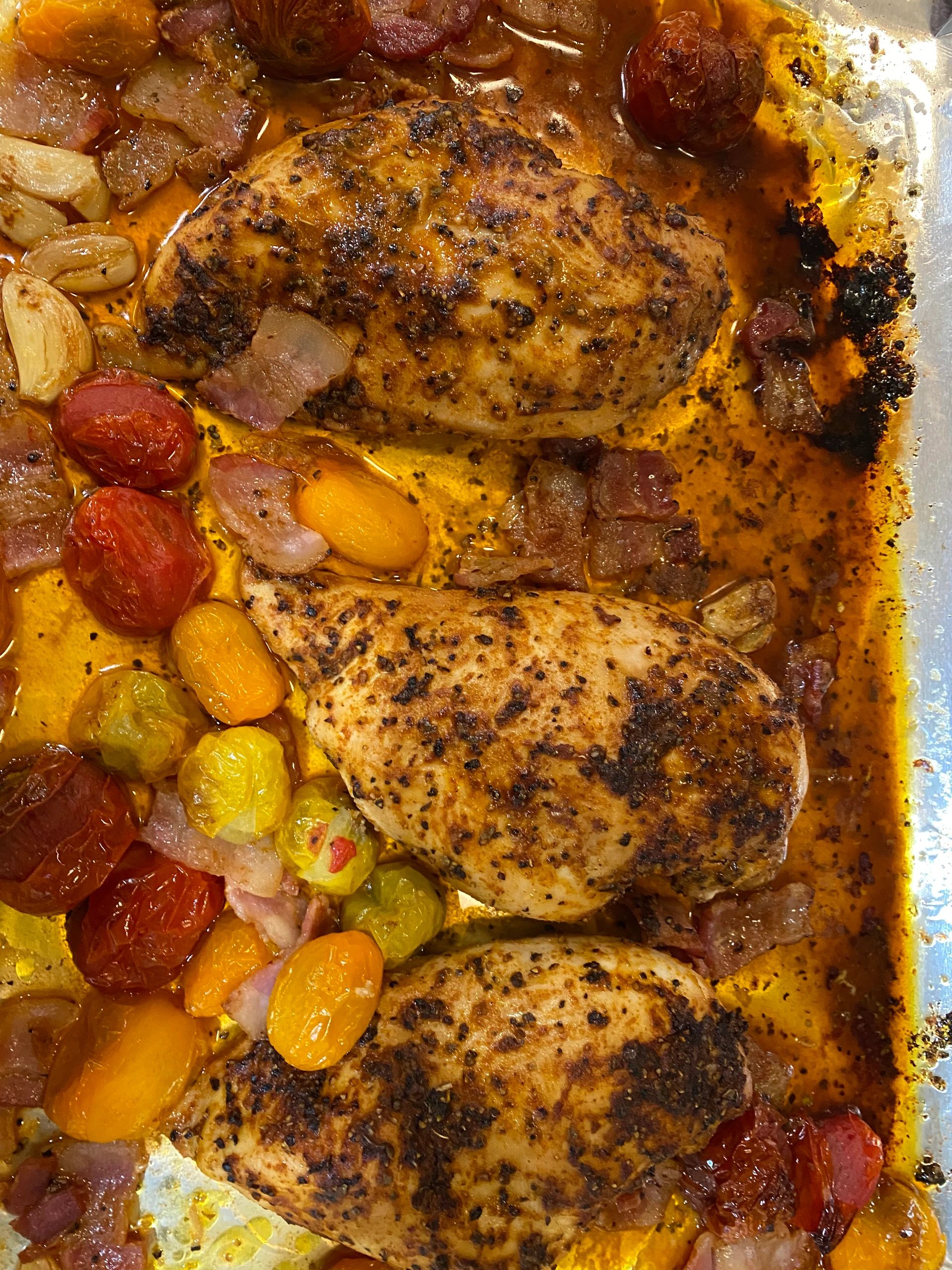 SheetPan Chicken with Jammy Tomatoes and Pancetta